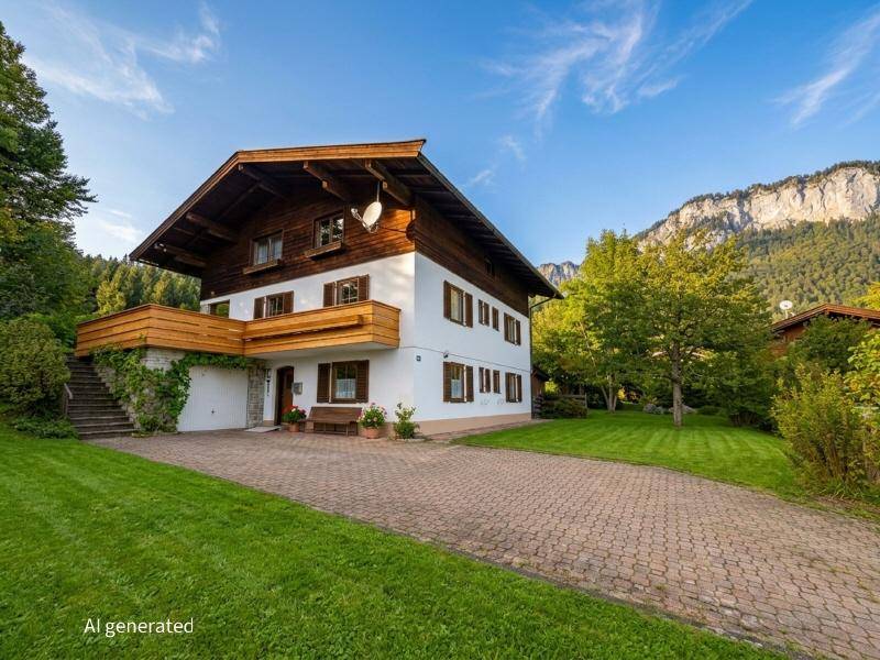 Charmantes Landhaus mit weißer Fassade, Holzbalkonen und Satteldach, umgeben von grüner Natur und Bergen.