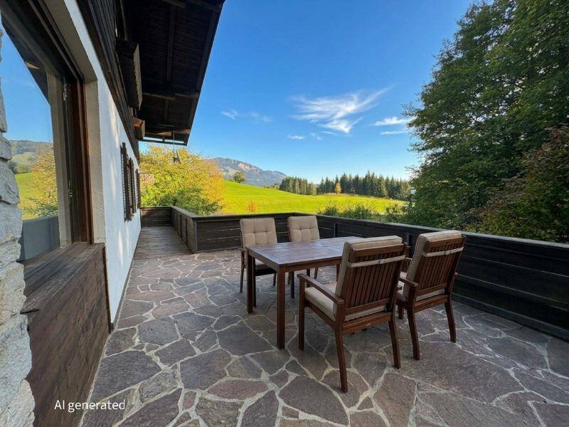 Erhöhte Terrasse mit Steinfliesen, Esstisch und Stühlen, bietet einen weiten Blick auf die umliegende Landschaft.