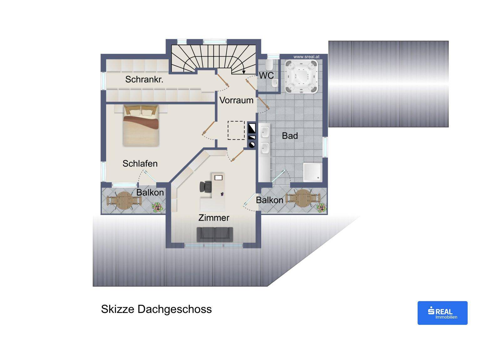Grundriss des Dachgeschosses mit Schlafzimmer, Bad, WC, Ankleide und zwei Balkonen.