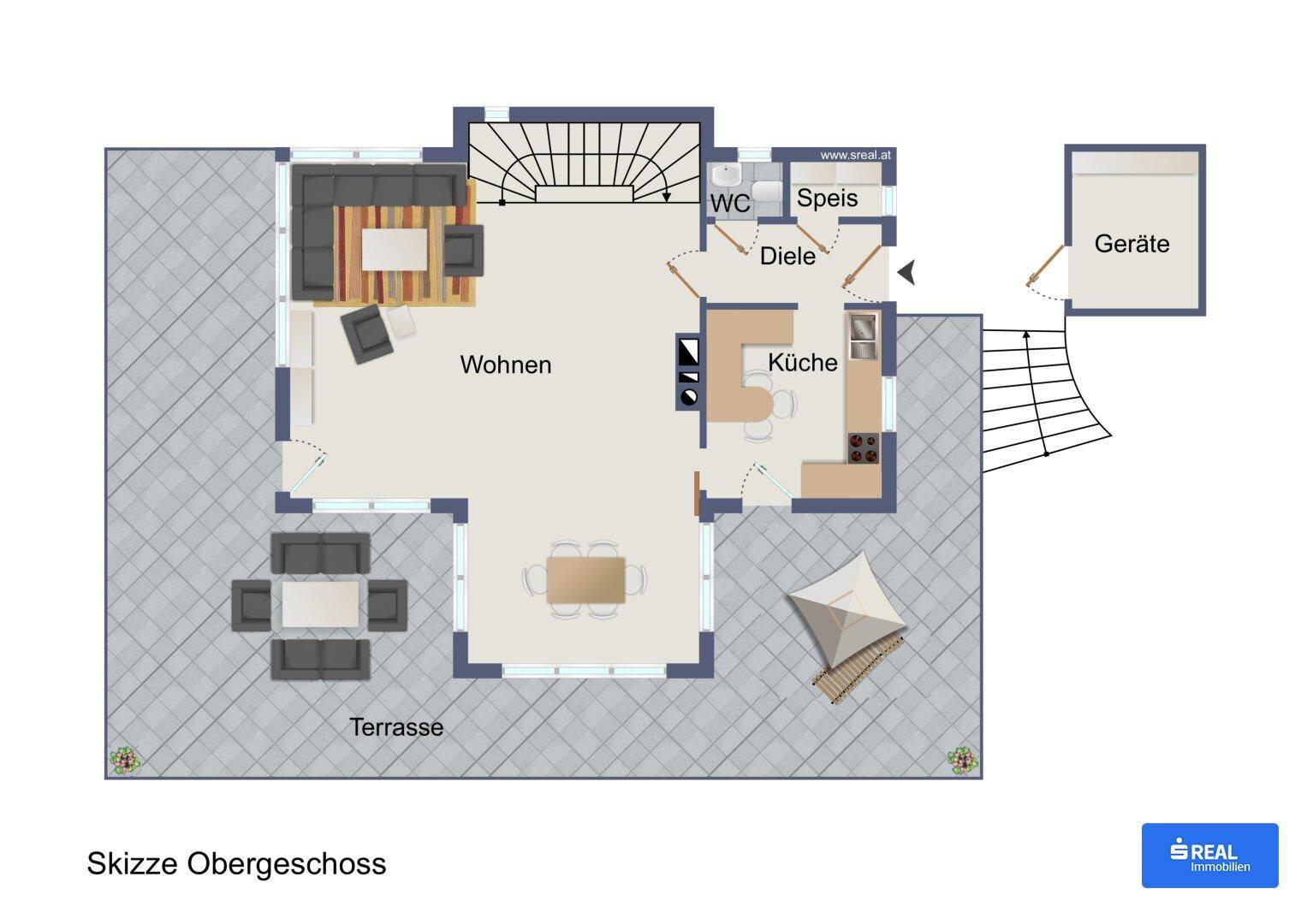 Grundriss des Obergeschosses mit offenem Wohnbereich, Küche, WC und großer Terrasse.