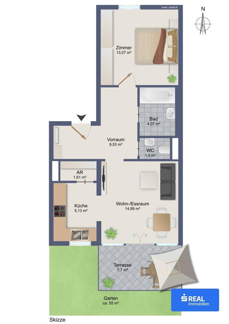 Grundriss der Wohnung mit Wohn-/Essraum, Terrasse und Gartenbereich.