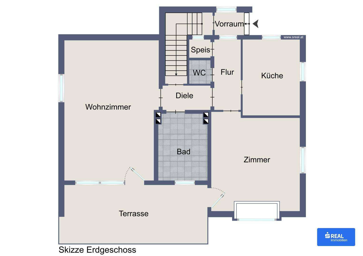 Grundriss des Erdgeschosses mit Wohnzimmer, Küche, Bad und Terrasse.