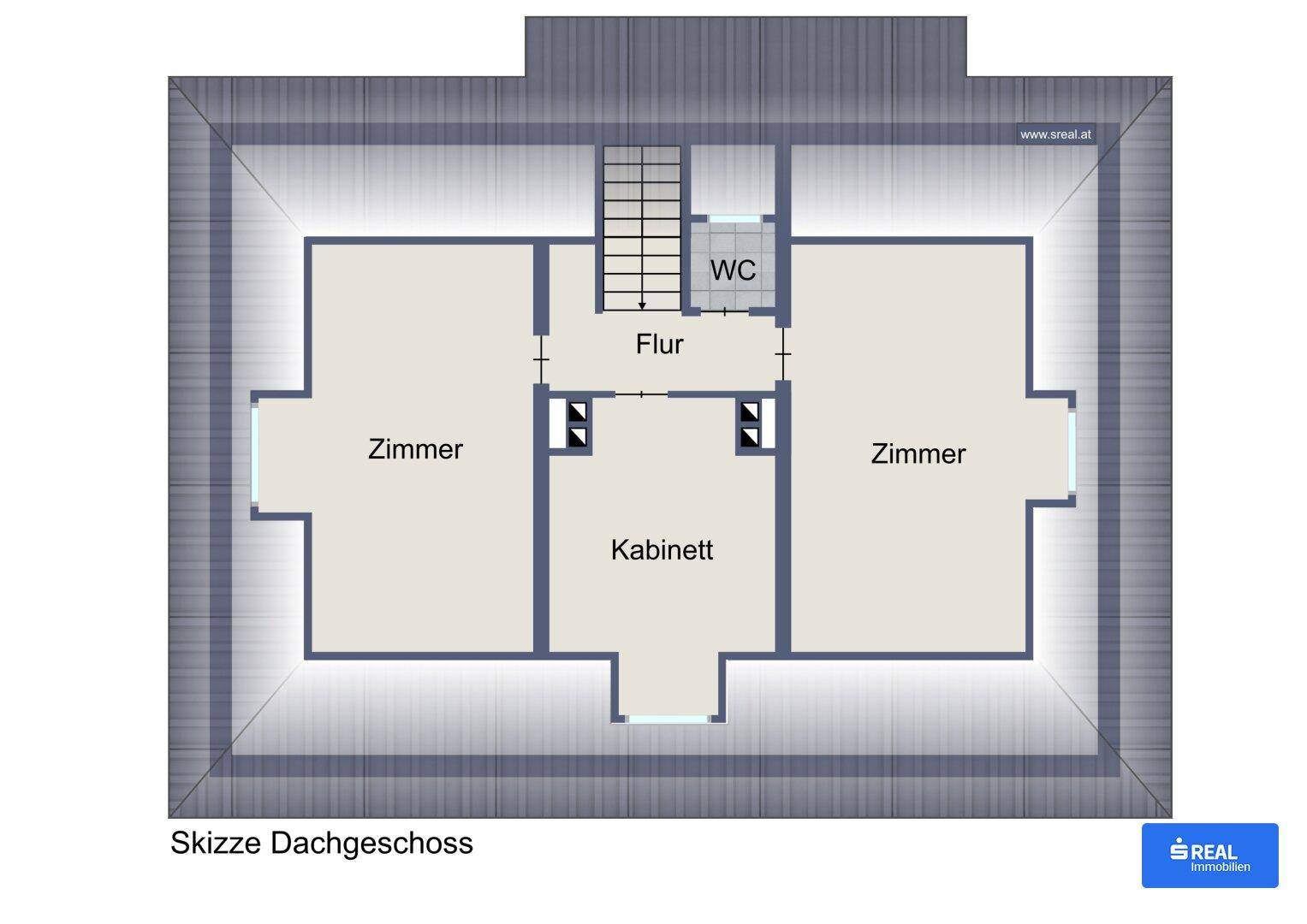 Grundriss des Dachgeschosses mit zwei Zimmern, Kabinett und WC.