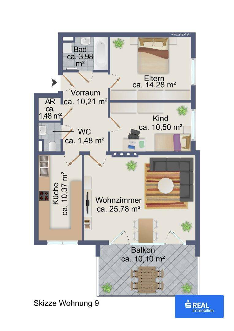 Detaillierter Grundriss einer Wohnung mit drei Zimmern, Balkon und separatem WC.