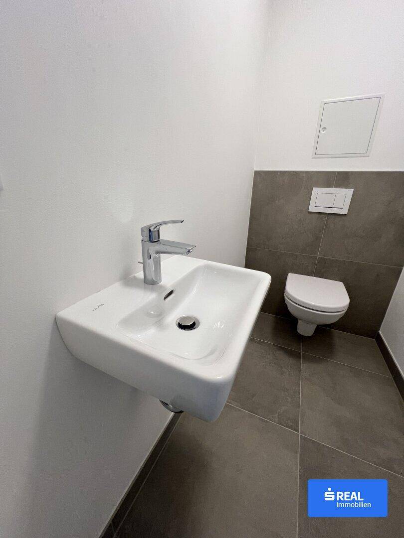 Kompaktes Gäste-WC mit modernen Fliesen, wandhängendem Waschbecken und Toilette.