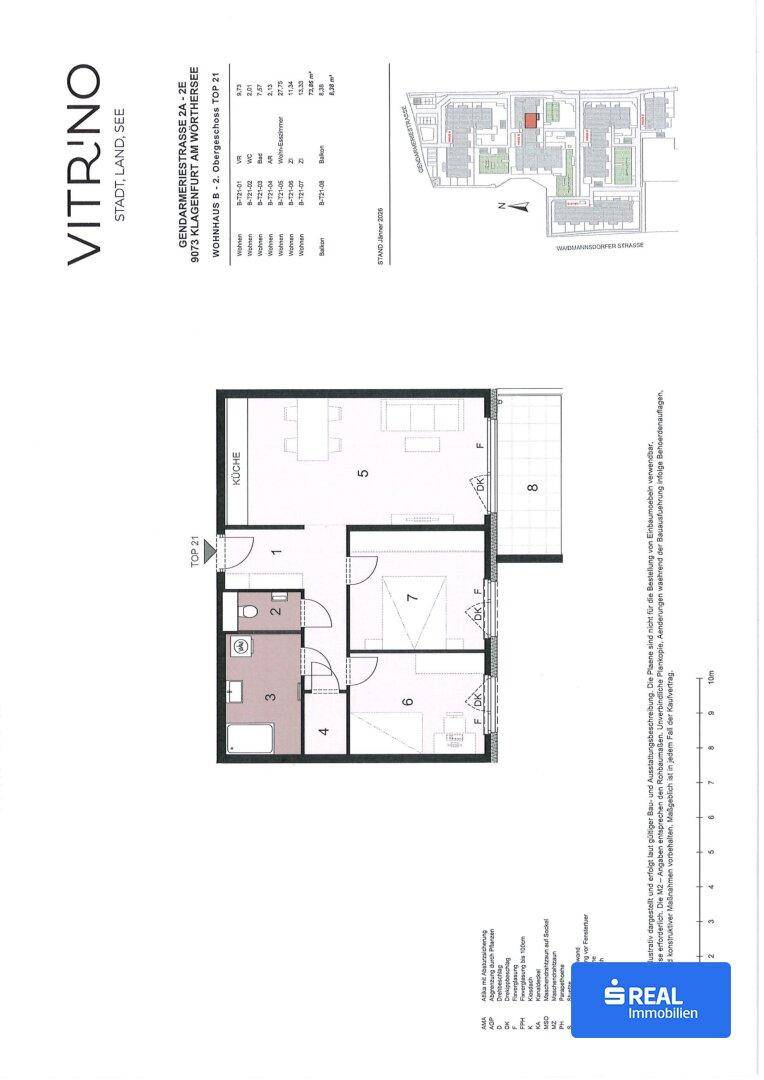 Übersichtlicher Grundriss einer Wohnung mit Küche, Wohnbereich, Schlafzimmer, Bad, WC und Balkon.