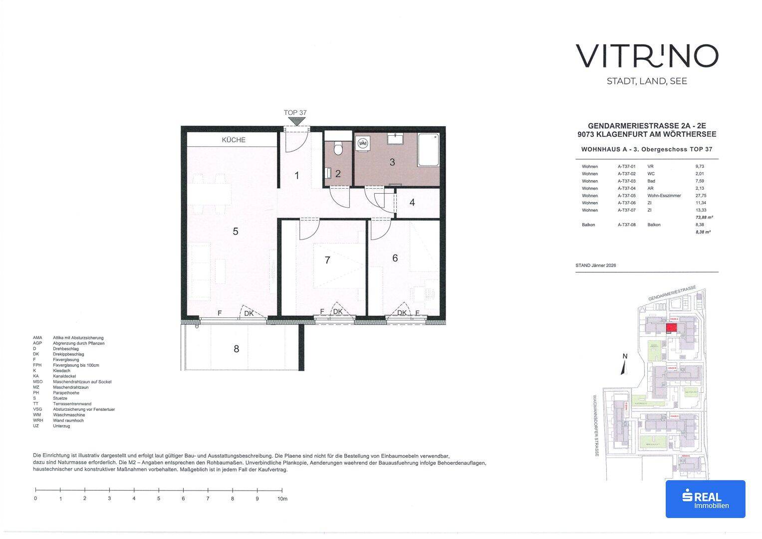 Grundriss einer Wohnung mit drei Zimmern, Balkon und separatem Bad und WC.