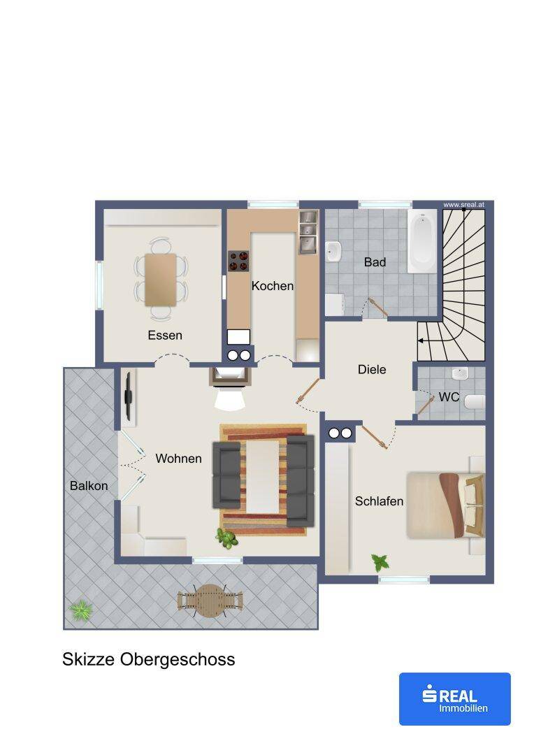 Grundriss des Obergeschosses mit Wohnzimmer, Küche, Essbereich, Schlafzimmer und Balkon.