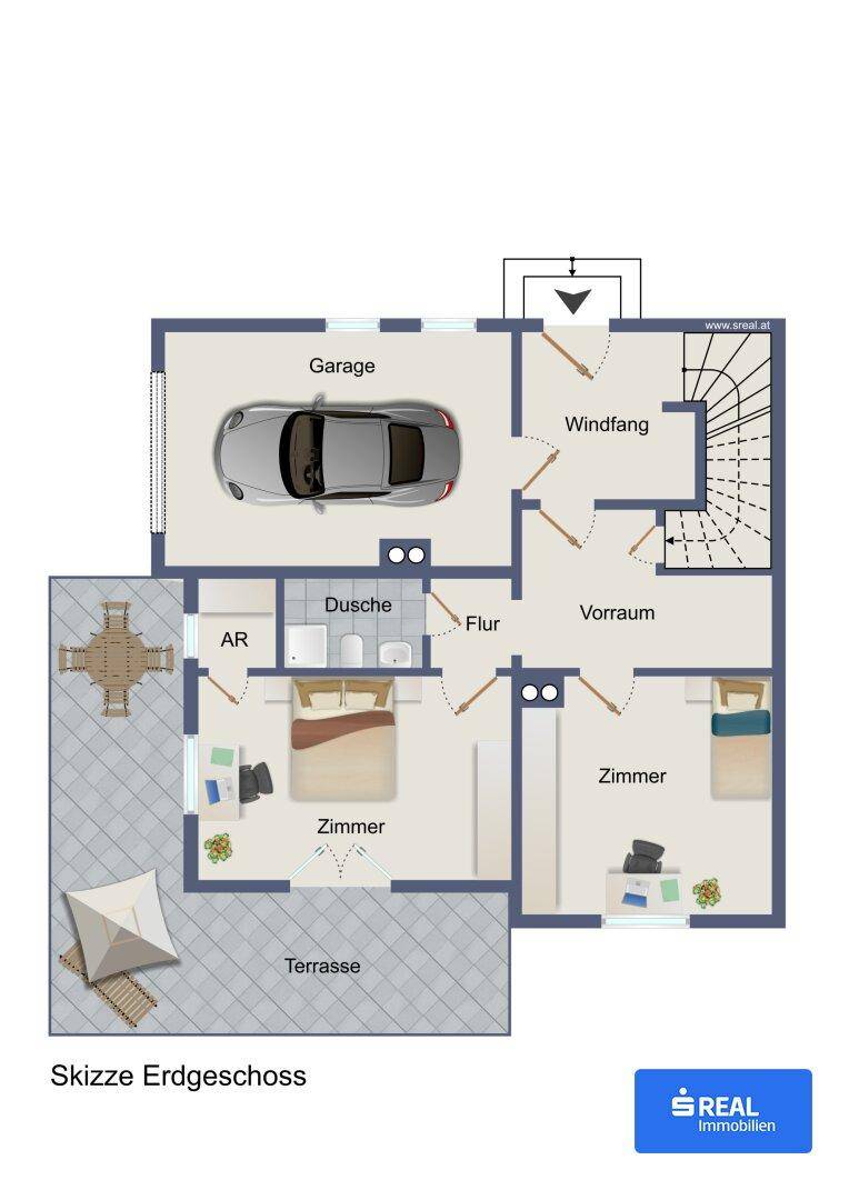 Grundriss des Erdgeschosses mit Garage, Schlafzimmern, Bad und Terrasse.