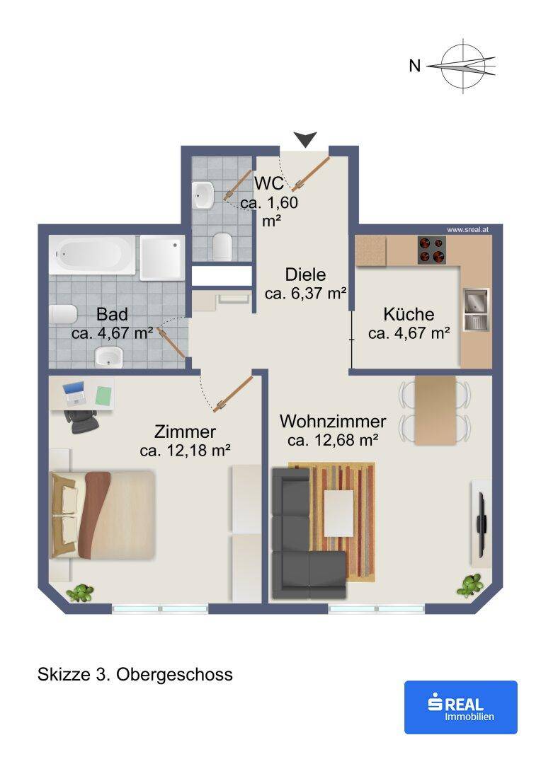 Grundriss der Wohnung im Obergeschoss mit Küche, Bad, WC und zwei Zimmern, inklusive Maßen.
