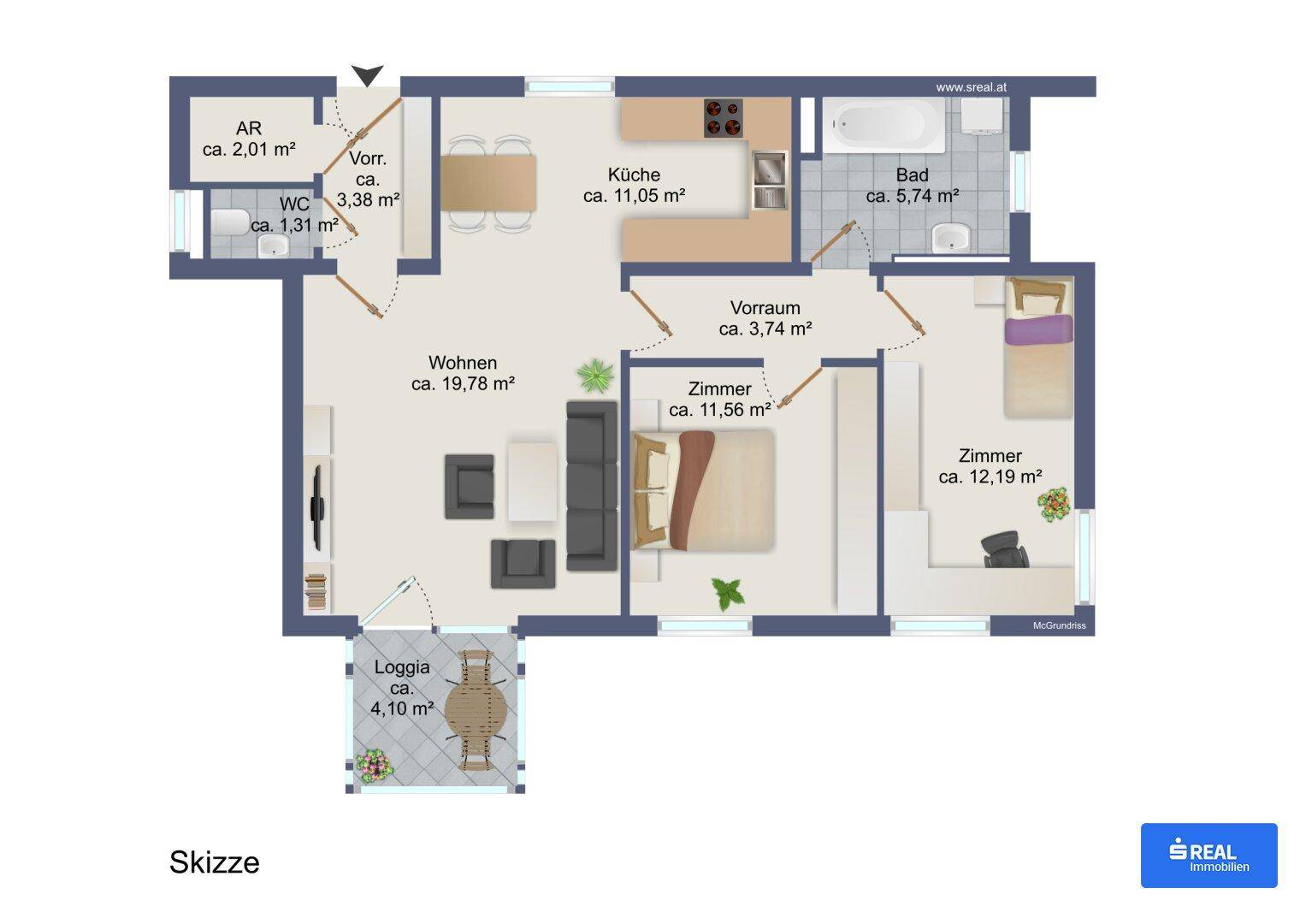 Detaillierter Grundriss einer Wohnung mit Loggia, Küche, Bad und zwei Zimmern.