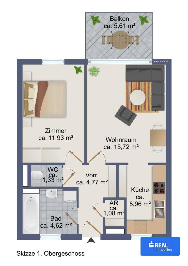 Grundriss des Obergeschosses mit Wohnraum, Schlafzimmer, Küche, Bad und Balkon, übersichtlich dargestellt.