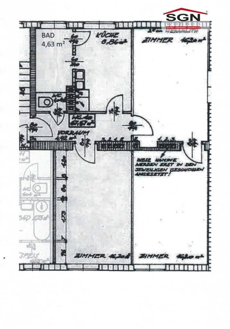 Grundriss einer Wohnung mit Bad, Küche, Vorraum und mehreren Zimmern, inklusive Balkonzugang.