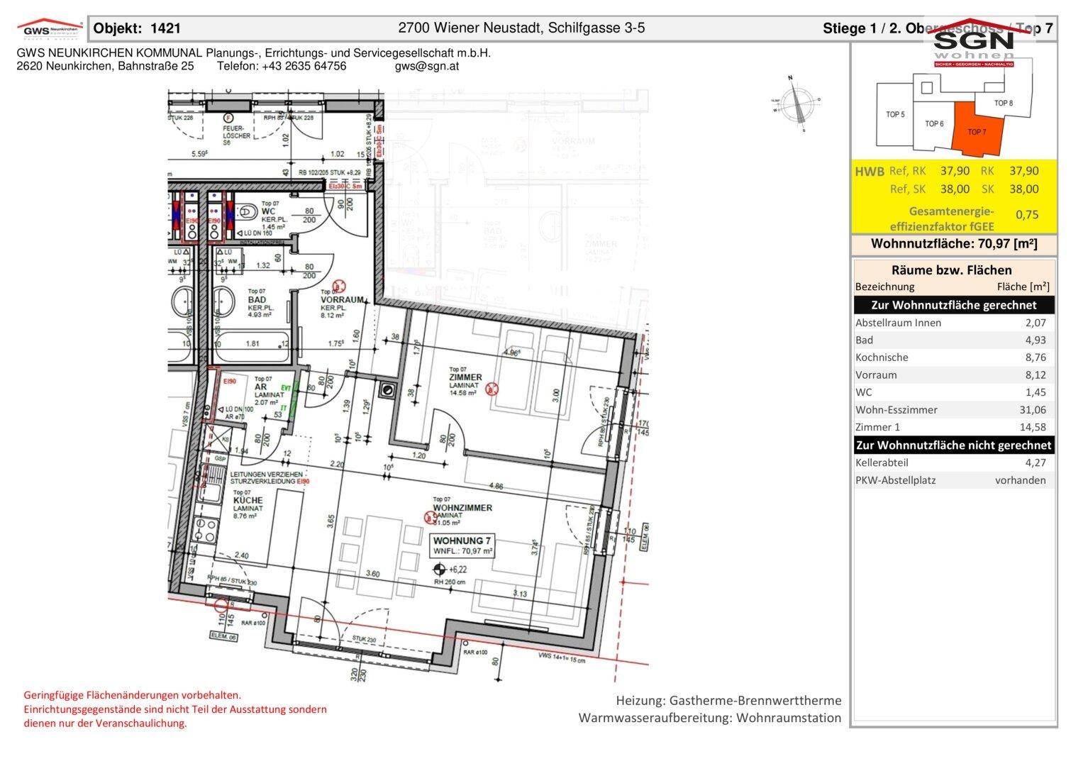 Technischer Grundriss einer Wohnung mit Flächenangaben und Heizungsinformationen.