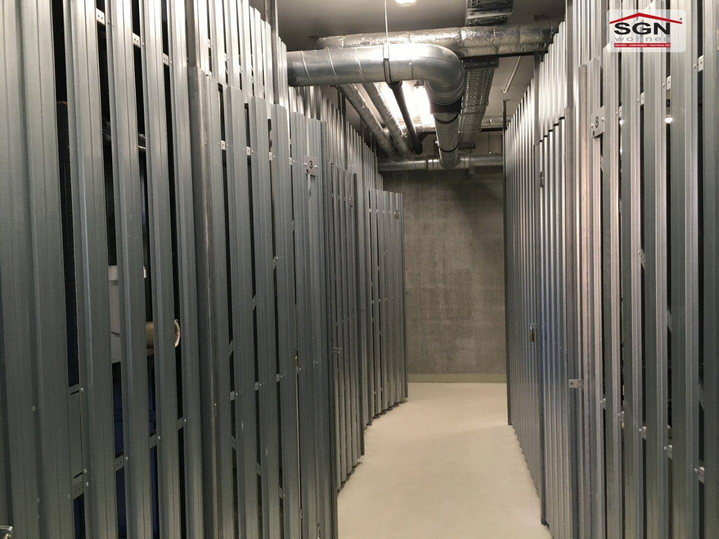 Geräumiger Kellerraum mit Metallabtrennungen für individuelle Lagerbereiche.