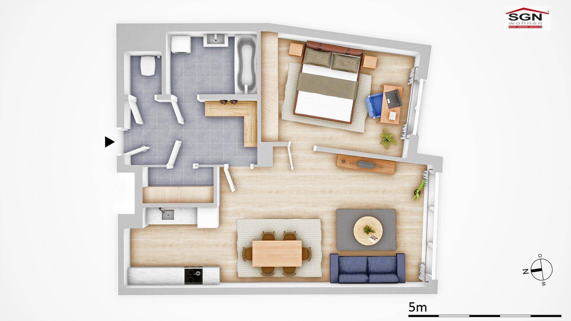 Detaillierter Grundriss einer Wohnung mit Schlafzimmer, Bad und offenem Wohnbereich.