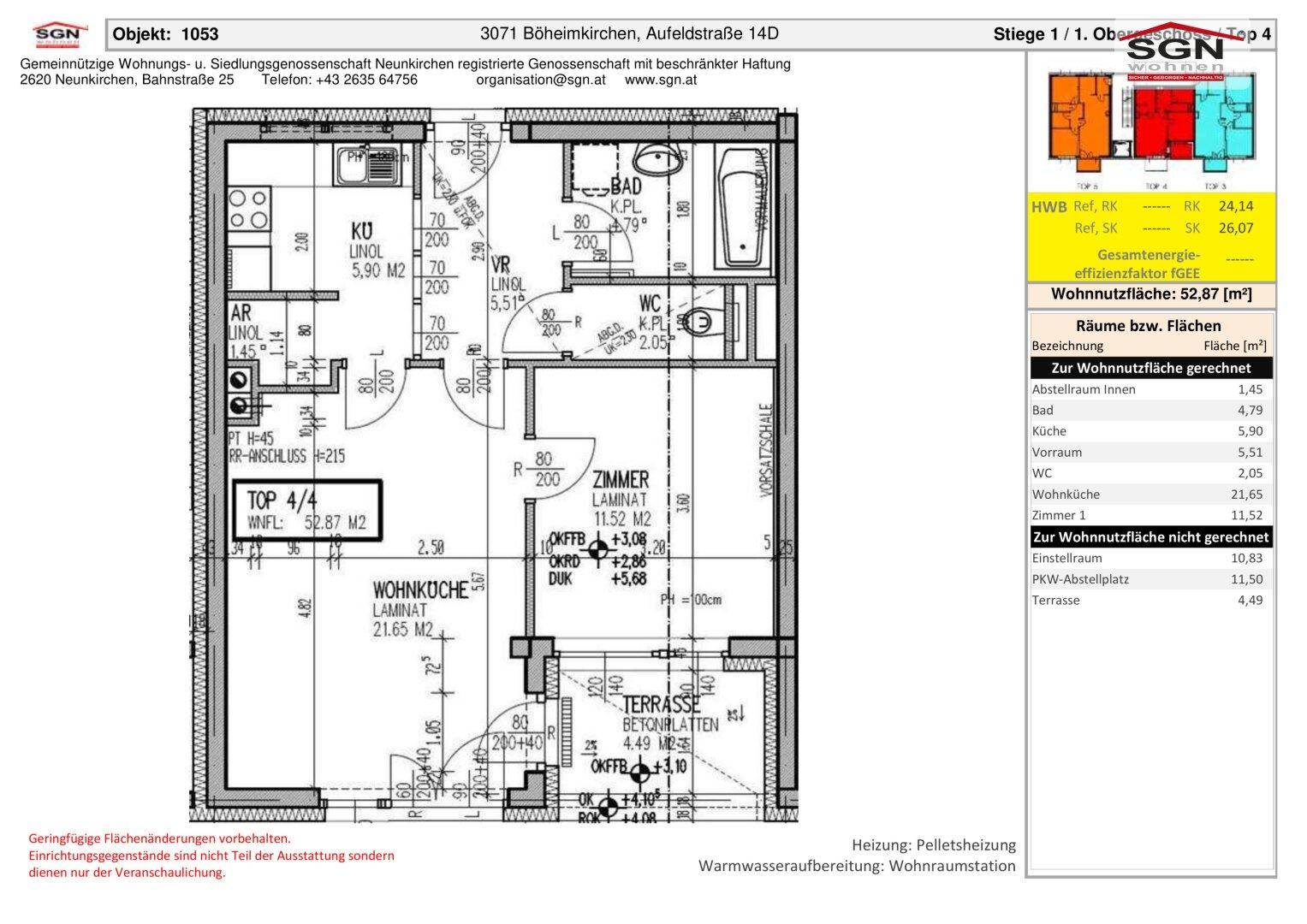 Detaillierter Grundriss einer Wohnung mit Wohnküche, Terrasse und mehreren Zimmern.