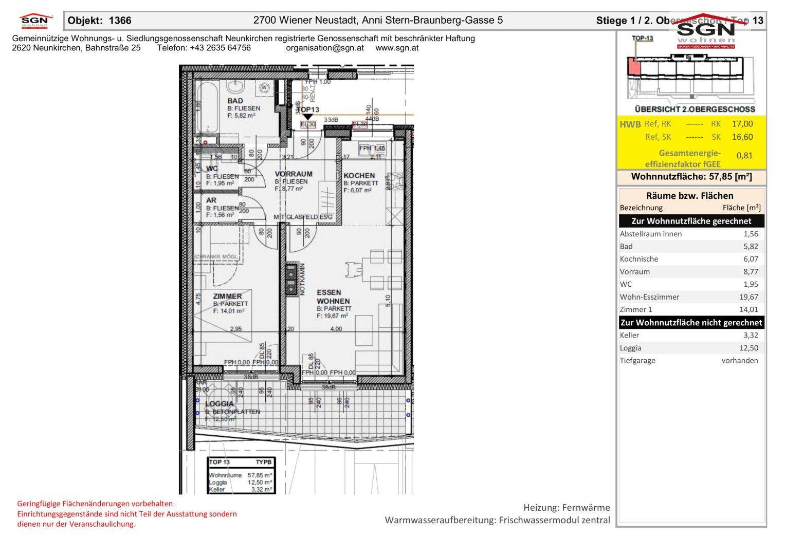 Grundriss einer Wohnung mit drei Zimmern, Loggia und separatem WC.