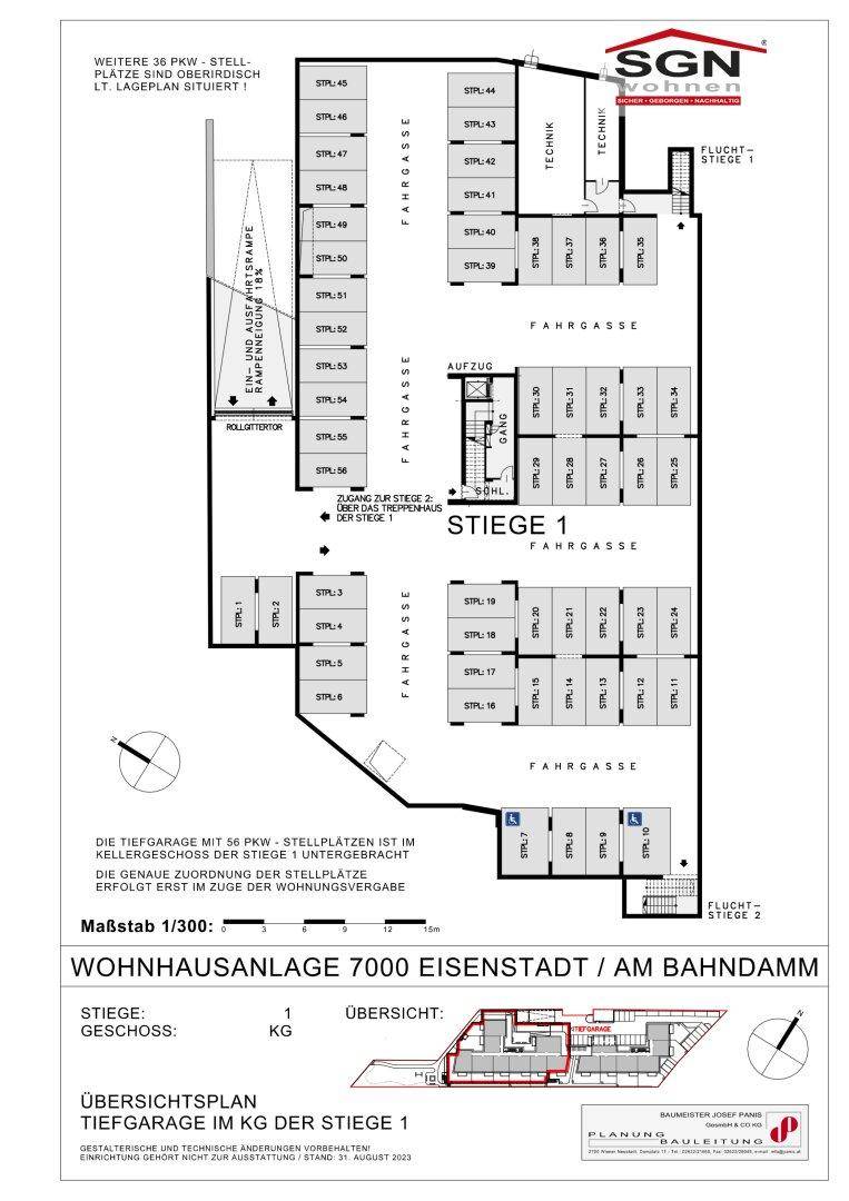 Grundriss einer Tiefgarage mit zahlreichen Stellplätzen, Aufzug und Technikbereichen für die Wohnhausanlage.