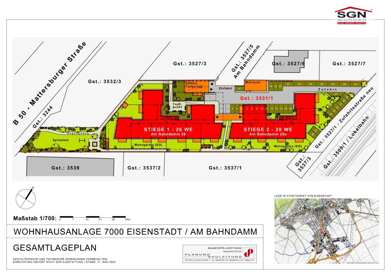 Gesamtlageplan einer modernen Wohnhausanlage mit Gebäuden, Grünflächen, Spielplatz und Zufahrten.