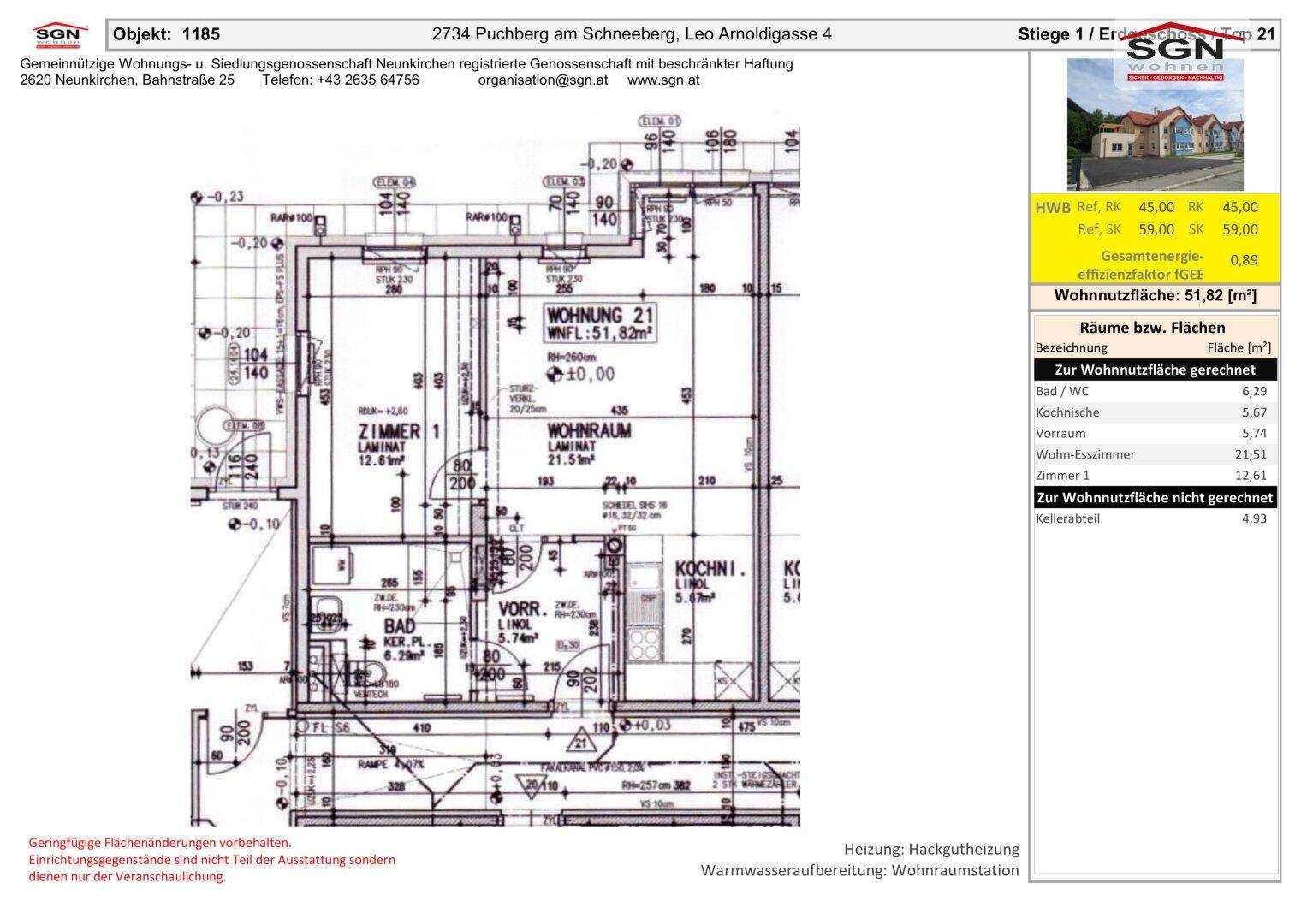 Detaillierter Grundriss der Wohnung 21 mit einer Wohnnutzfläche von 51,82 m² und Raumaufteilung.
