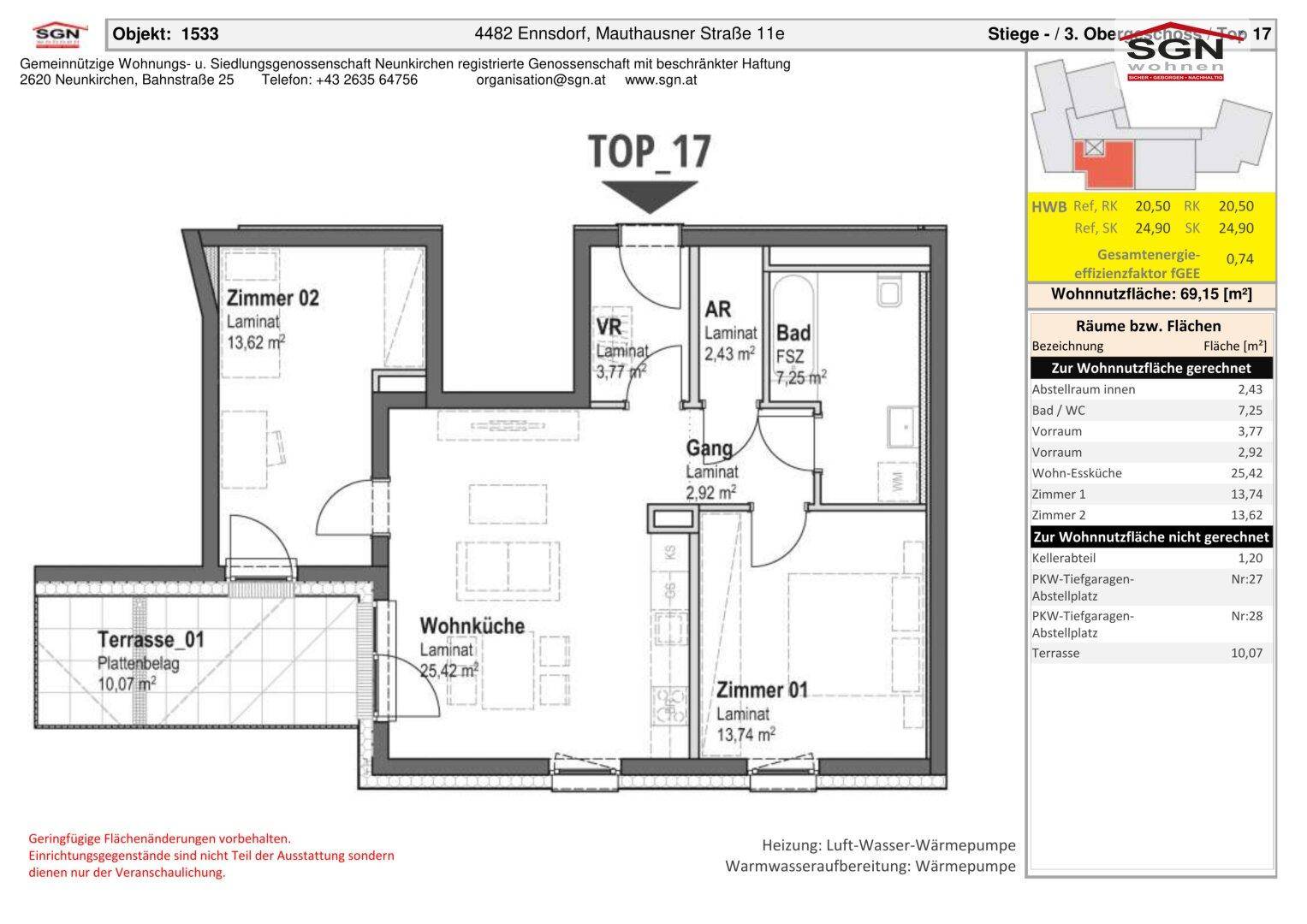 Grundriss der Wohnung TOP 17 mit Wohnküche, zwei Zimmern und Terrasse.