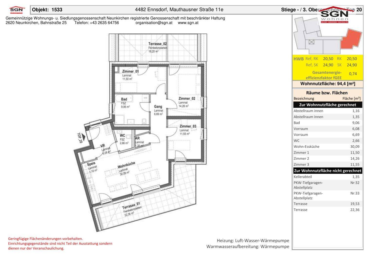 Detaillierter Grundriss einer Wohnung mit drei Zimmern, zwei Terrassen und 94,4 m² Wohnfläche.