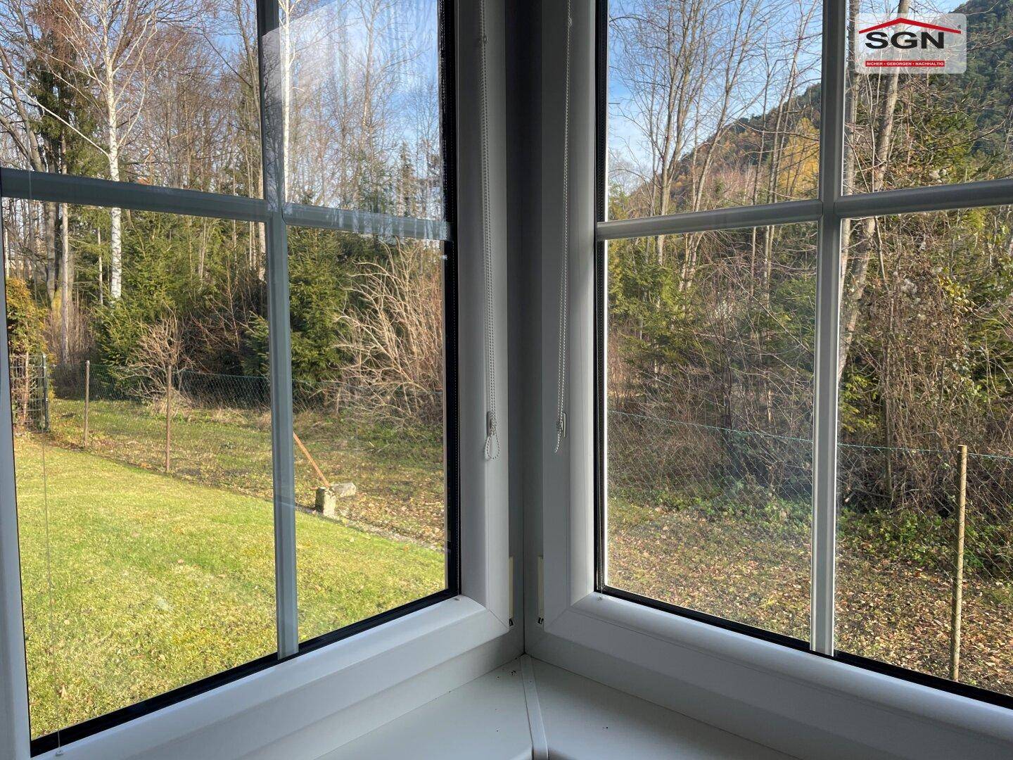Fenster mit Blick auf die grüne Umgebung und Bäume, das viel natürliches Licht hereinlässt.