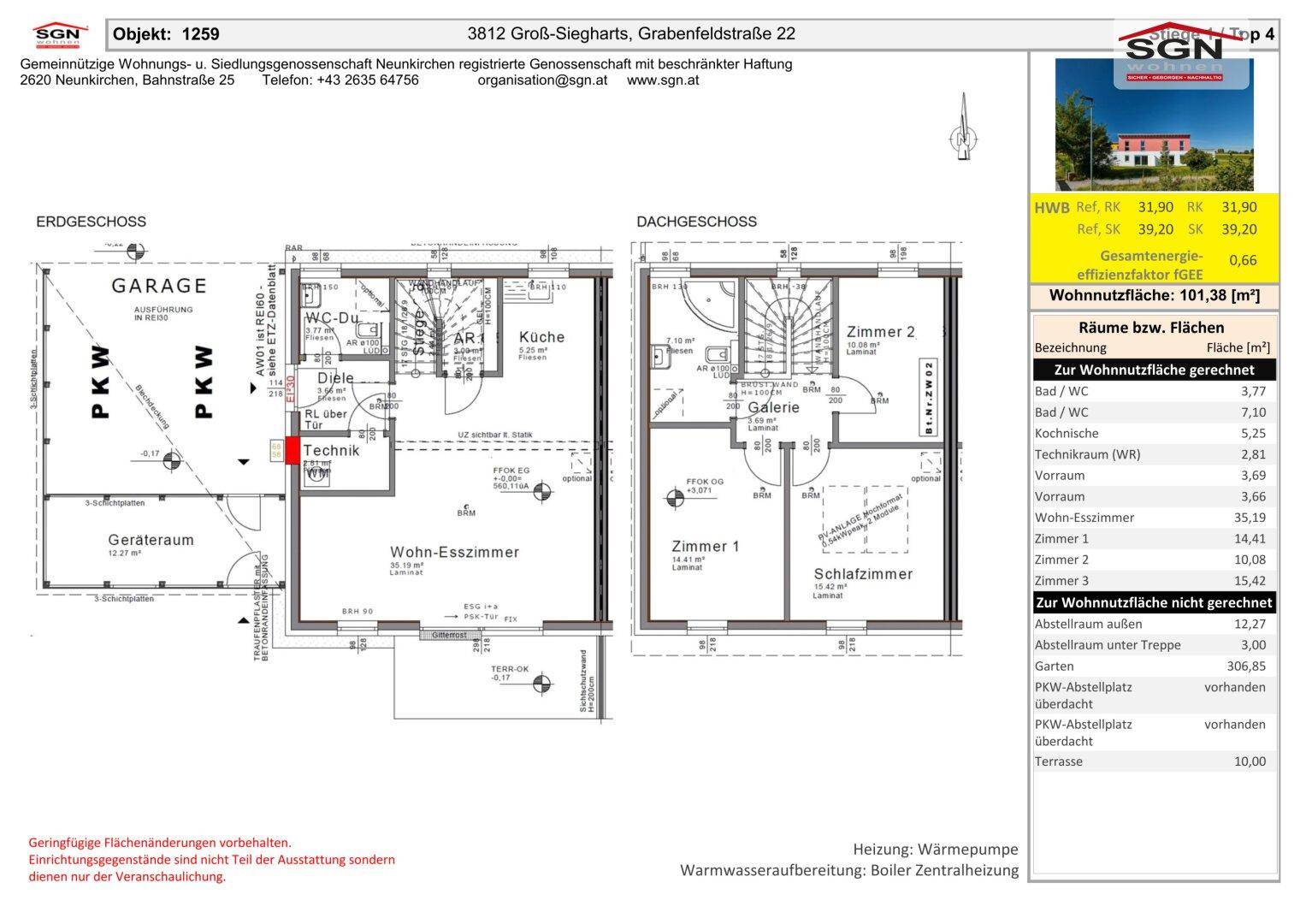 Detaillierter Grundriss des Erd- und Dachgeschosses mit Wohn-Esszimmer und Garage.