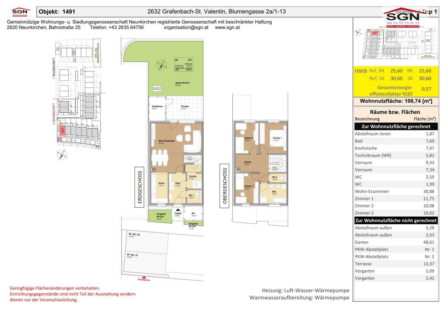 Detaillierte Grundrisspläne des Erd- und Obergeschosses mit Raumaufteilung und Flächenübersicht.