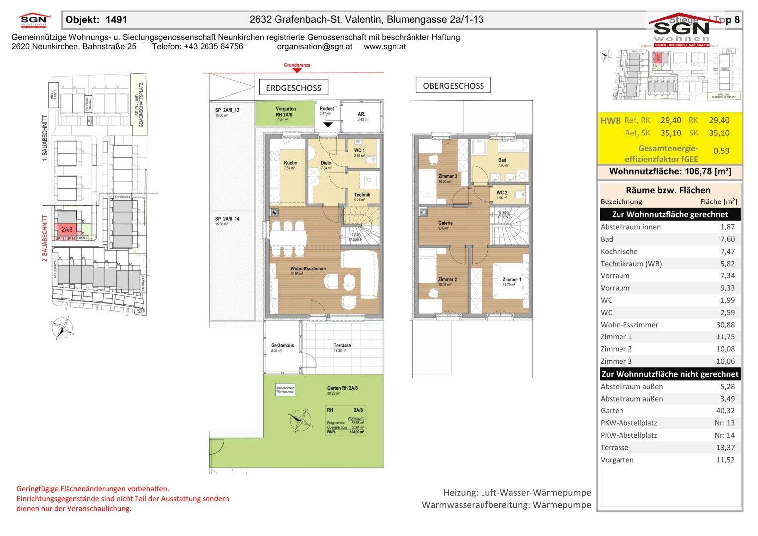 Grundrissplan eines Hauses mit Erdgeschoss und Obergeschoss, Garten, Terrasse und offener Wohnküche.