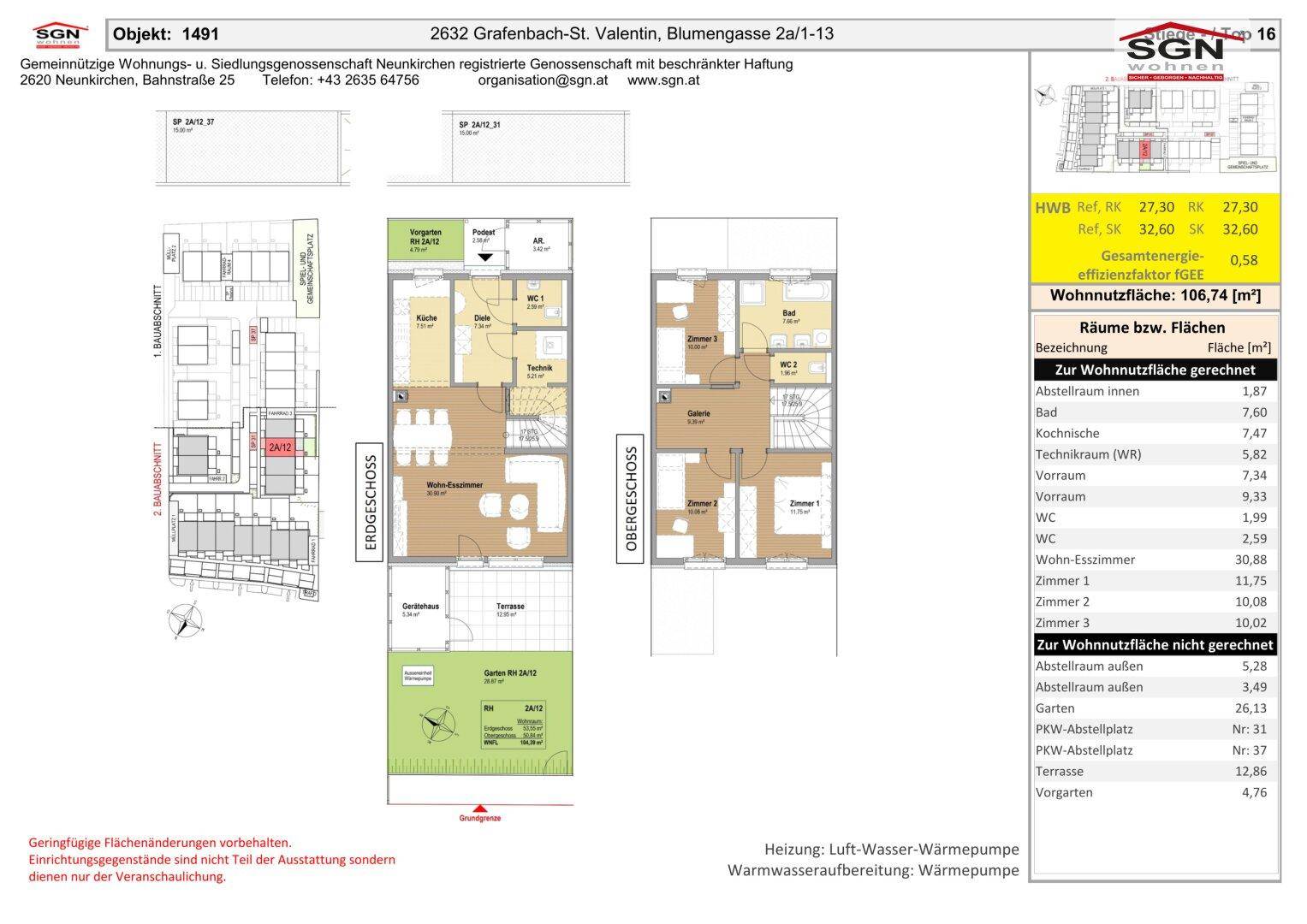 Grundrisspläne für Erdgeschoss und Obergeschoss zeigen eine effiziente Raumaufteilung mit Terrasse und Garten.