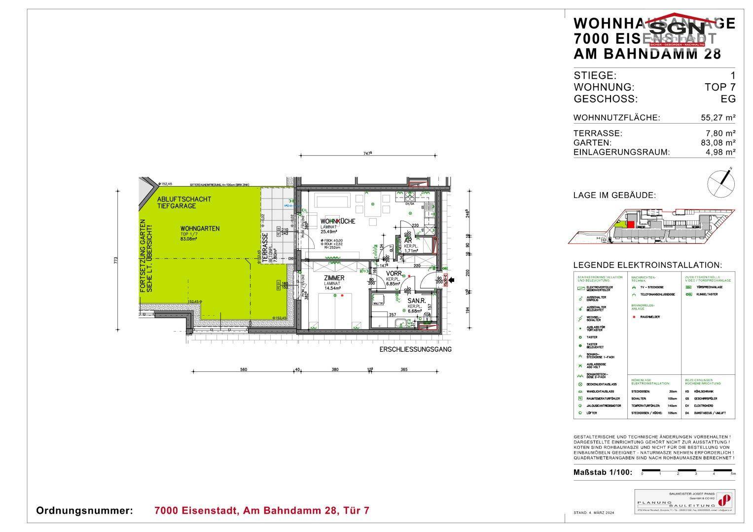 Grundriss einer Wohnung im Erdgeschoss mit Terrasse, Garten und Einlagerungsraum.