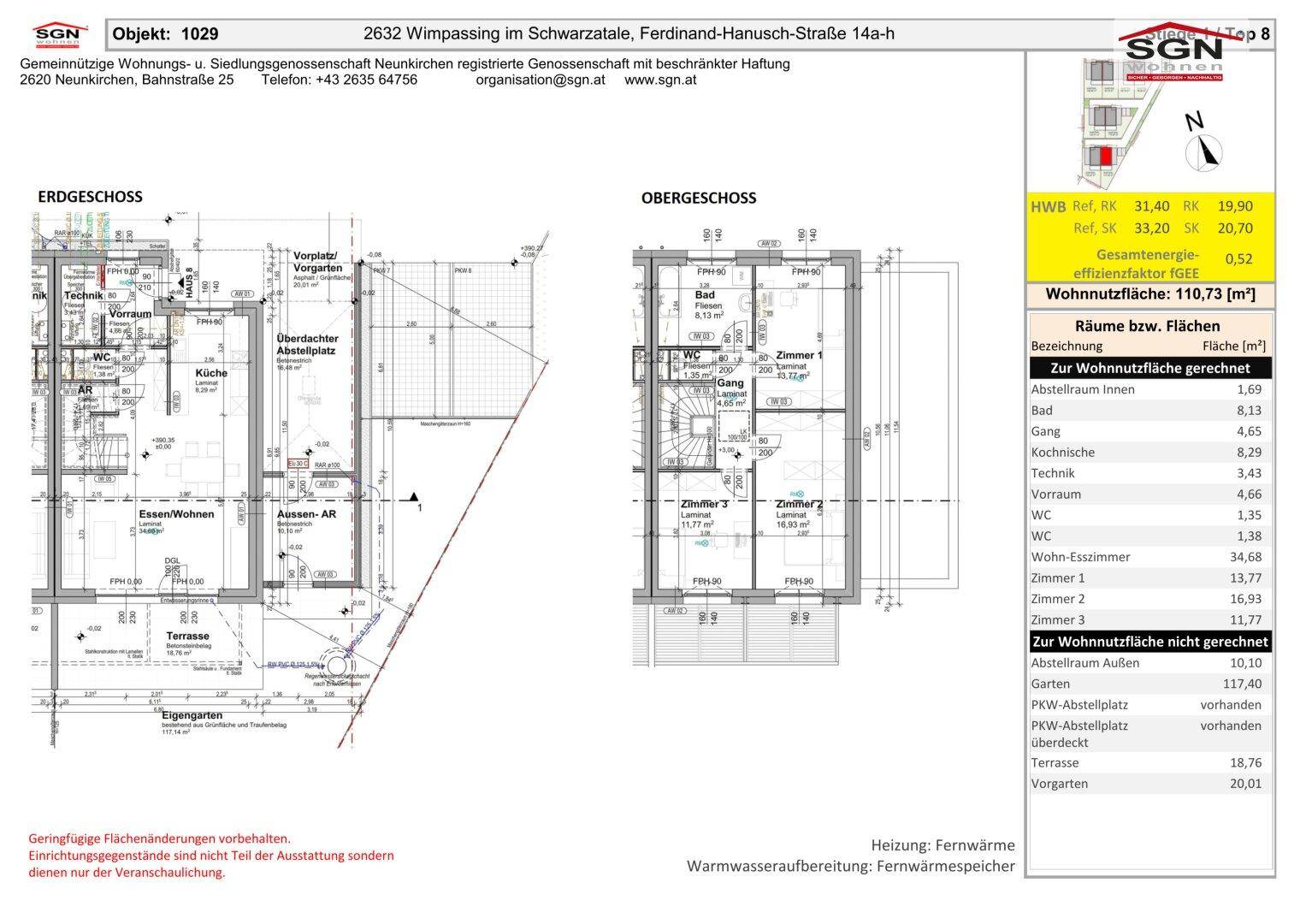 Detaillierter Grundriss des Erdgeschosses und Obergeschosses mit Flächenangaben.