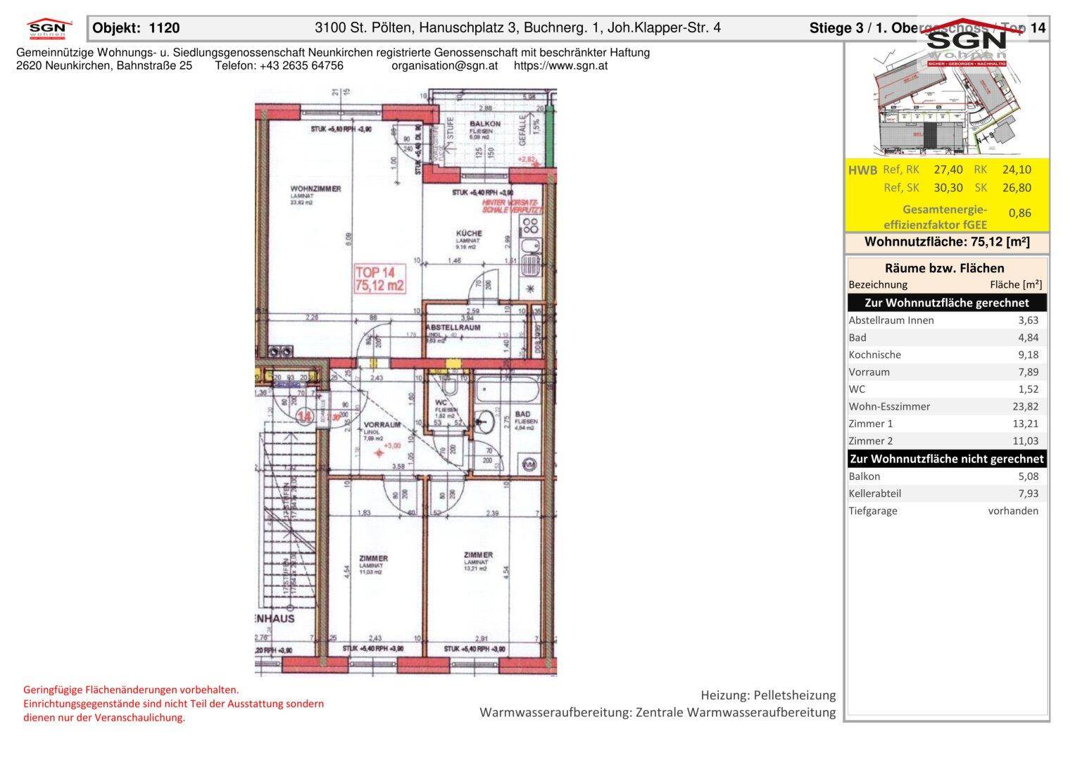 Detaillierter Grundriss einer Wohnung mit 75,12 m² Wohnfläche, Balkon, Abstellraum und zwei Schlafzimmern.