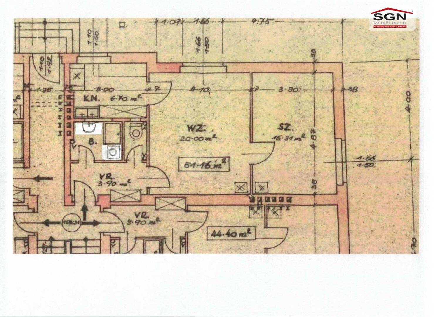 Detaillierter Grundriss einer Wohnung mit Raumaufteilung und Flächenangaben.