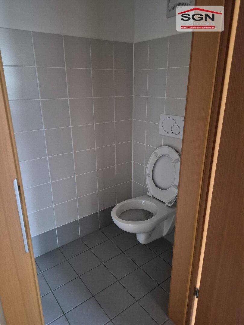 Separates WC mit grauen Fliesen und einer wandhängenden Toilette.