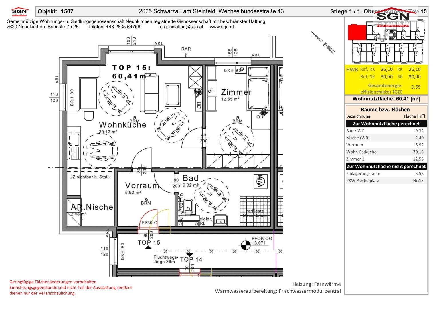 Grundriss der Wohnung TOP 15 mit offener Wohnküche, einem Zimmer und Bad, insgesamt 60,41 m².