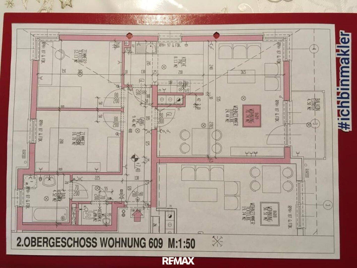 Grundriss der Wohnung 609 im 2. Obergeschoss mit detaillierter Raumaufteilung.