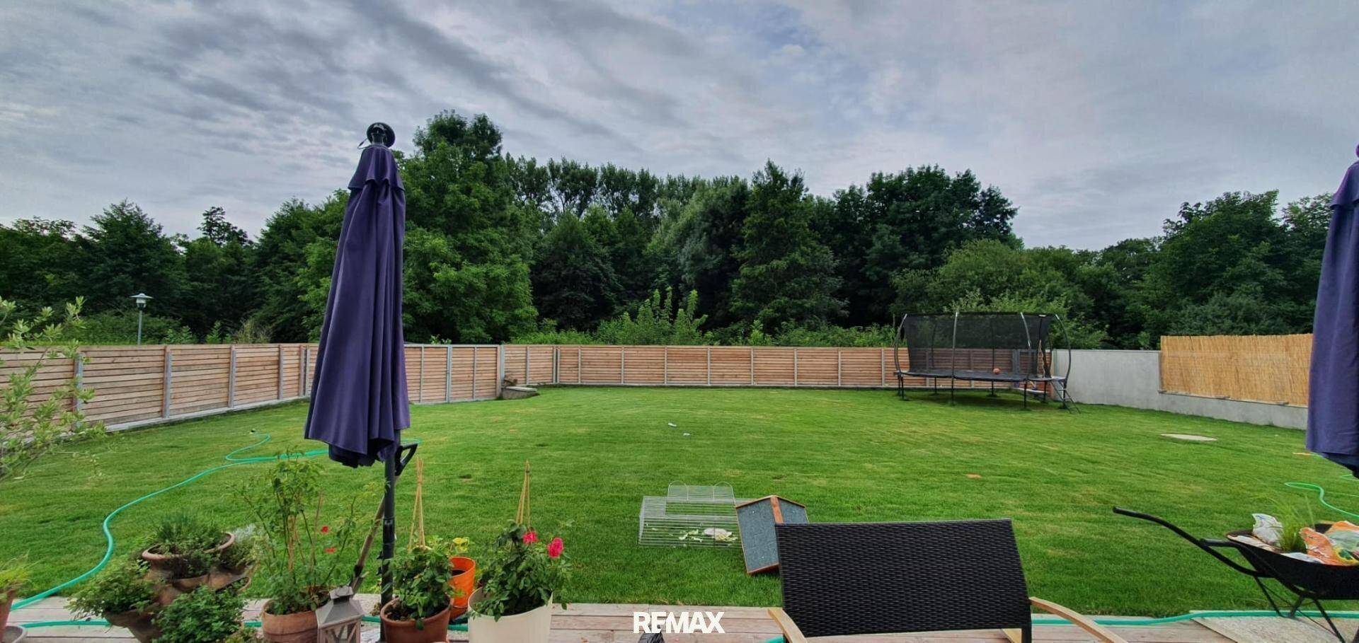 Blick von der Terrasse in den weitläufigen Garten mit Rasen und hohen Bäumen im Hintergrund.