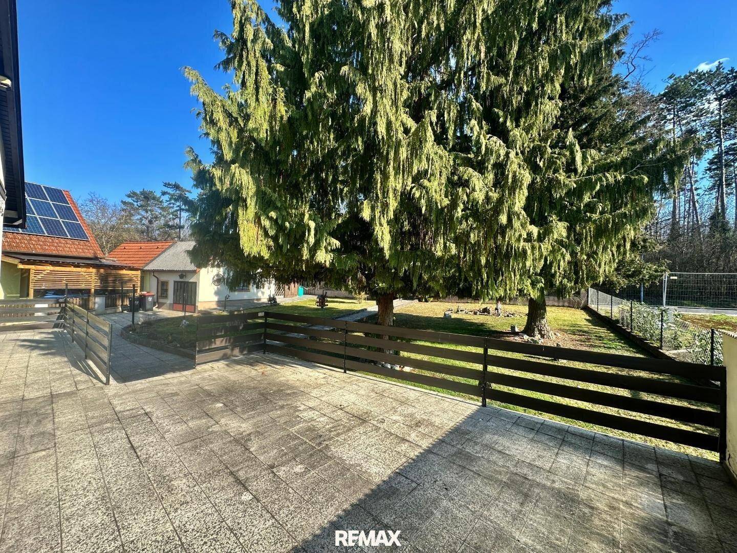 Gepflasterter Außenbereich mit Holzzaun und großem Baum, im Hintergrund ein Gebäude mit Solaranlage.