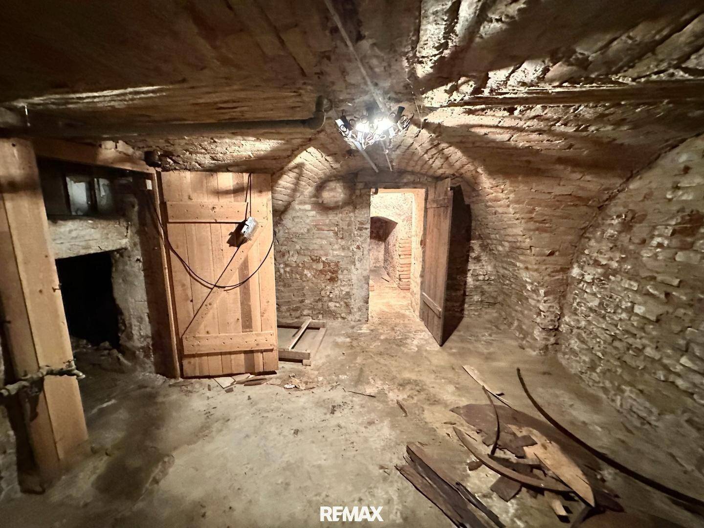 Historischer Gewölbekeller mit unverputzten Ziegelwänden und Holztüren, ideal zur Lagerung.