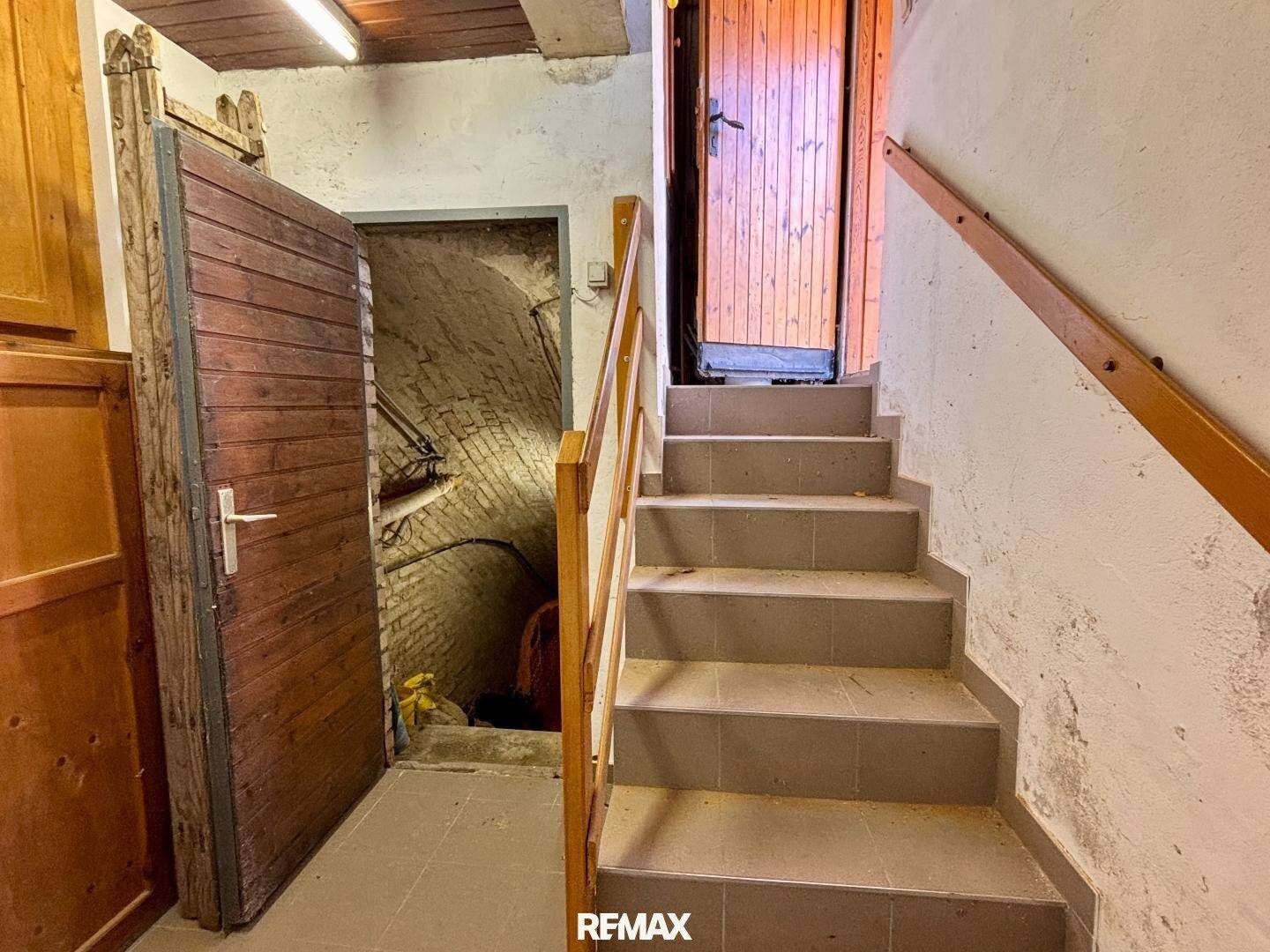 Treppenabgang zum Keller mit Holztüren und Steinwänden.