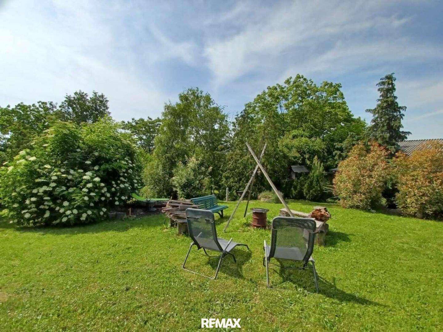 Großer Garten mit Rasenfläche, Feuerstelle und Sitzgelegenheiten unter blauem Himmel.