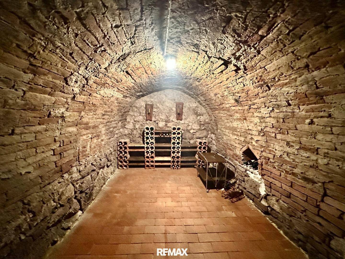 Geräumiger Weinkeller mit Ziegelwänden, Gewölbedecke und zahlreichen Weinregalen.