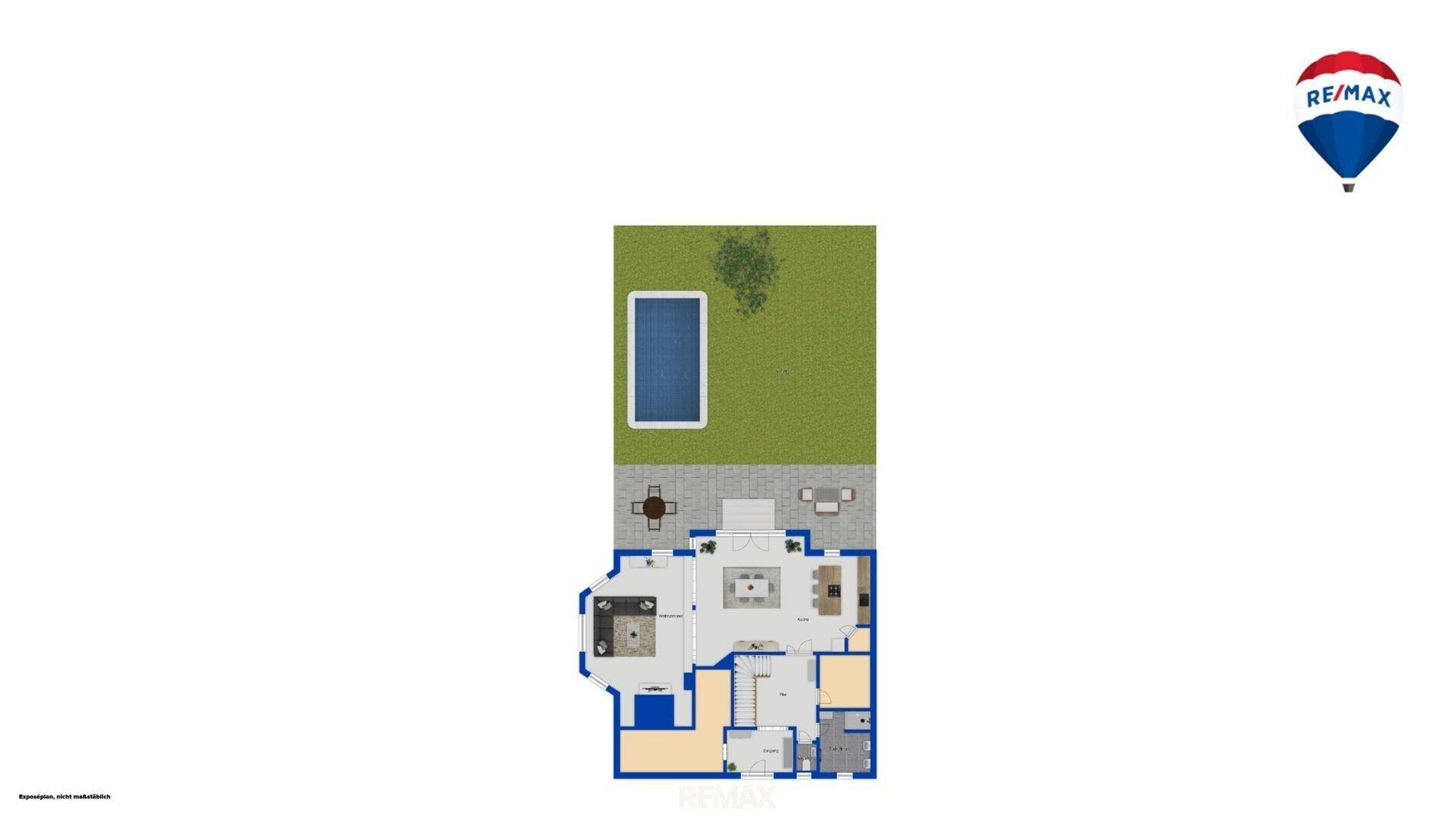 Grundriss des Erdgeschosses mit offenem Wohnbereich, Terrasse, Garten und Pool.