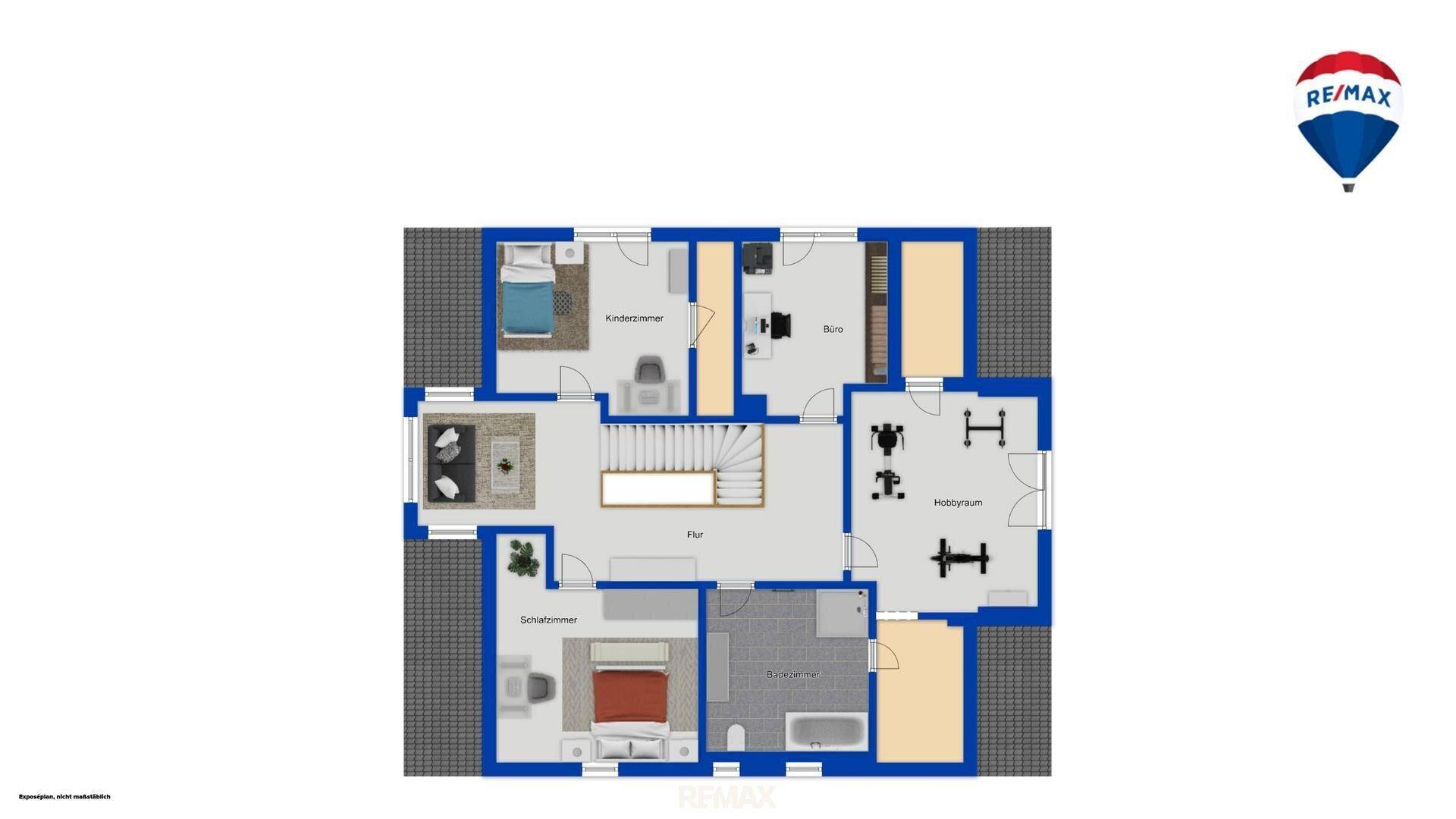 Grundriss des Obergeschosses mit Schlafzimmern, Büro, Fitnessraum und zwei Bädern.