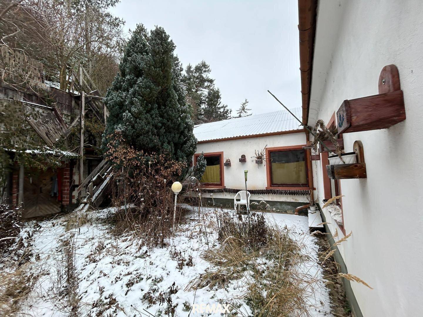 Hinteransicht des Hauses mit schneebedecktem Garten, Bäumen und einem kleinen Sitzbereich.