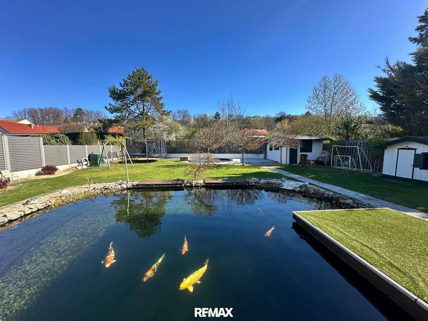 Weitläufiger Garten mit großem Teich, bunten Koi-Fischen, Rasenflächen und kleinen Gartenhäusern.