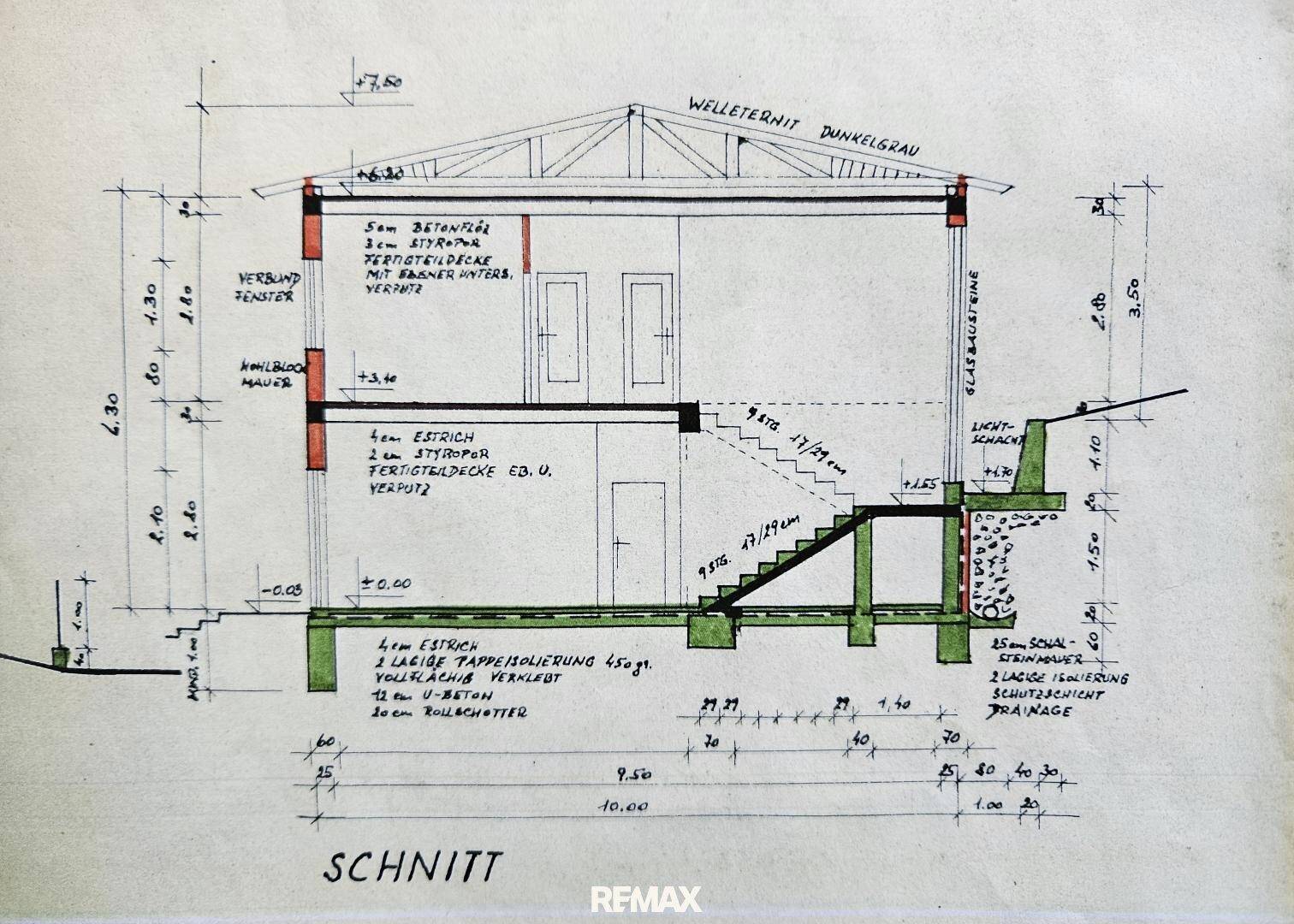 Architektonischer Schnitt durch das Gebäude mit Darstellung der Geschosse und Dachkonstruktion.